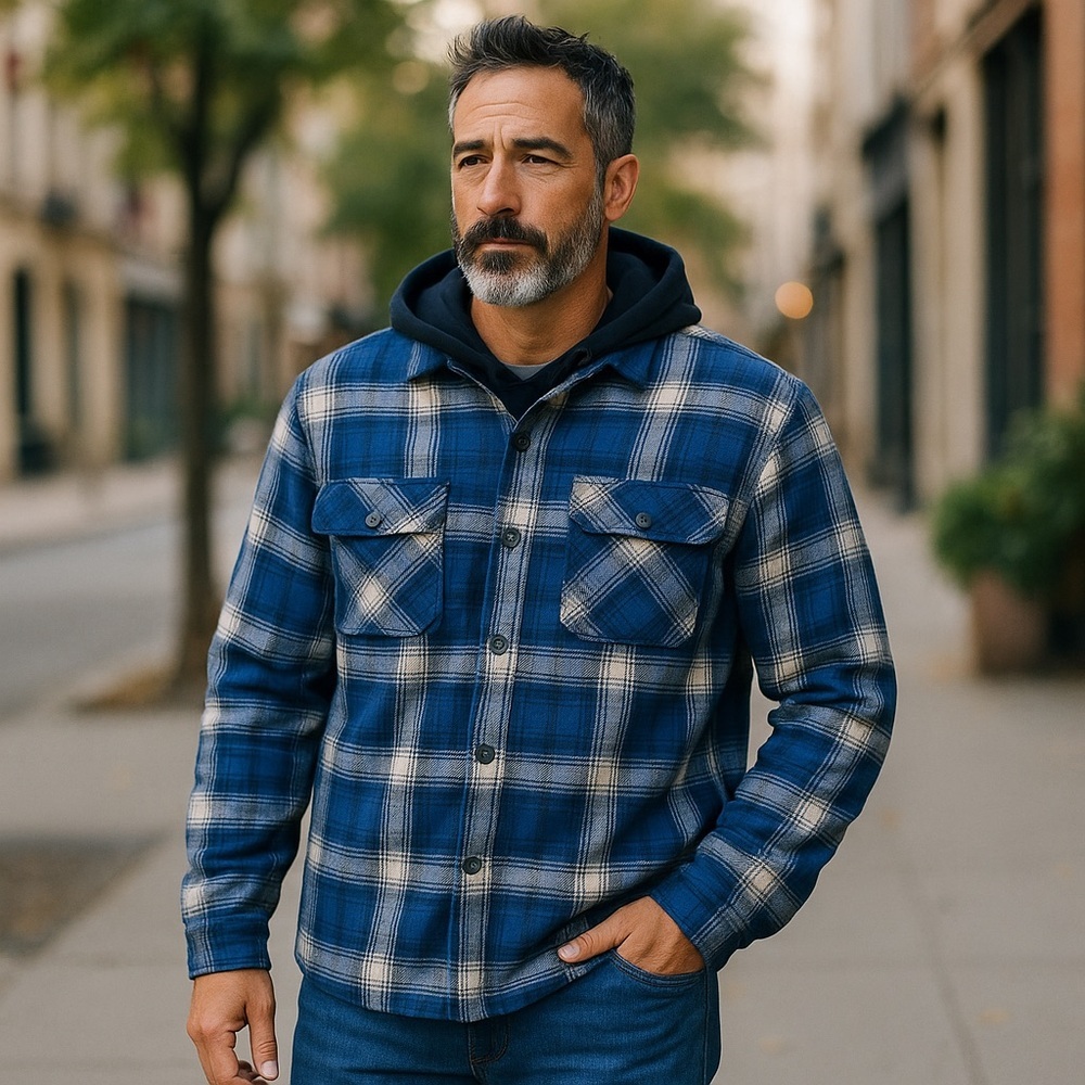 Boston Traders Blue/White Plaid Lined Hooded Sweatshirt Shacket